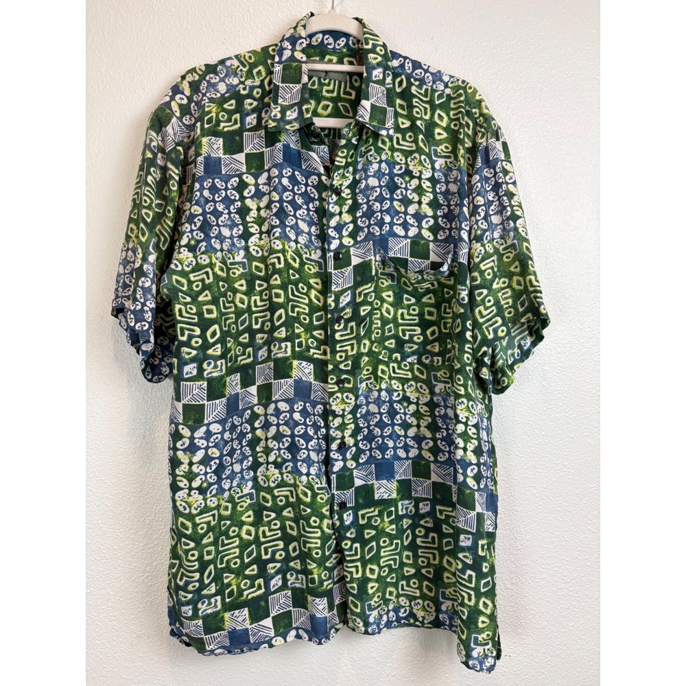 Vintage Robert Stock Hawaiian Shirt 100% Silk Green Blue Batik Print Large Retro